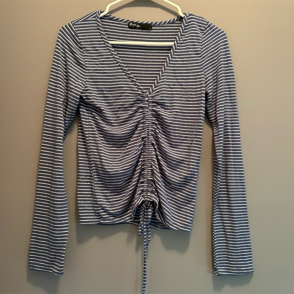 Brit & Bri Top Womens Size M Blue White Striped Ruched Drawstring V-Neck